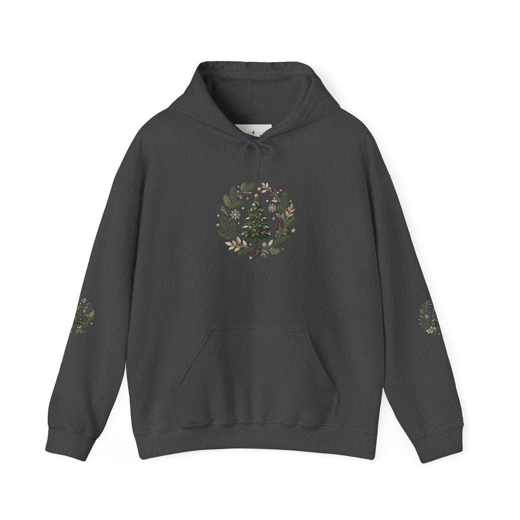 Christmas Tree Wreath Hoodie — Festive Botanical Sweatshirt, 50/50 Cotton-Poly, Unisex