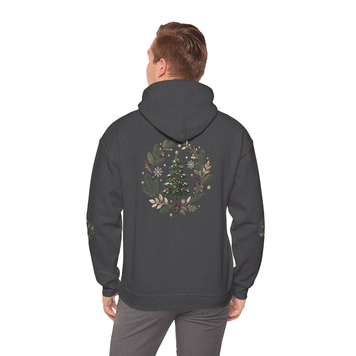 Christmas Tree Wreath Hoodie — Festive Botanical Sweatshirt, 50/50 Cotton-Poly, Unisex