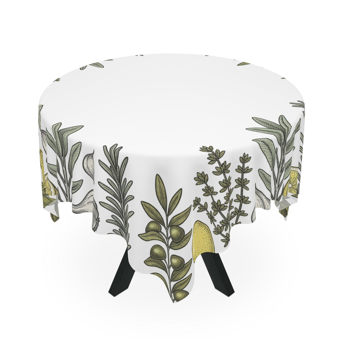 Mediterranean Herb & Lemon Tablecloth — Olive, Basil & Rosemary Kitchen Linen