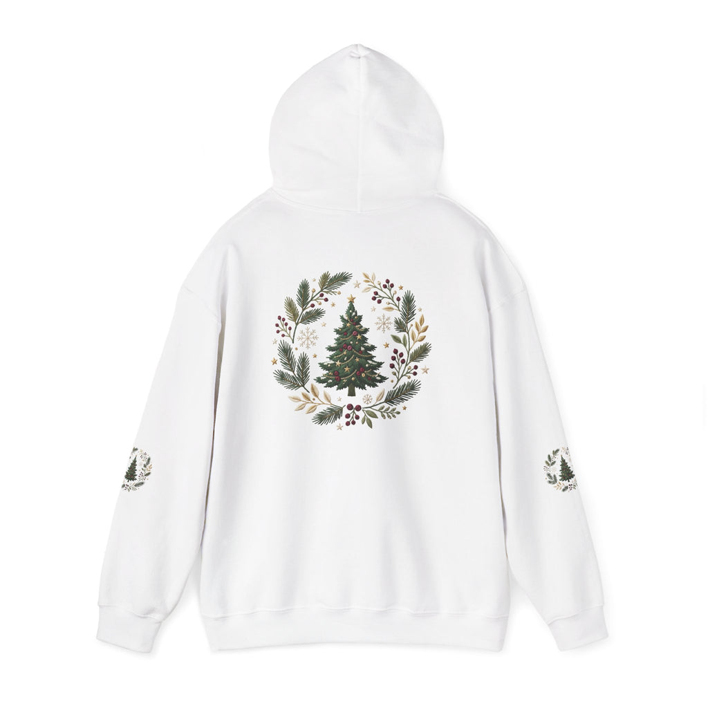 Christmas Tree Wreath Hoodie — Festive Botanical Sweatshirt, 50/50 Cotton-Poly, Unisex