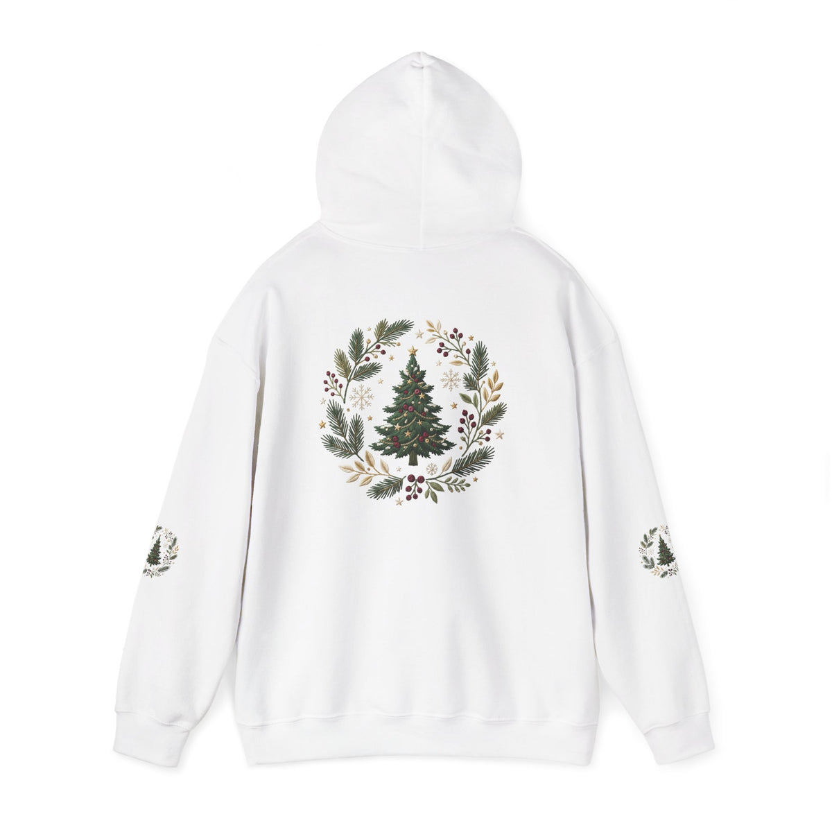 Christmas Tree Wreath Hoodie — Festive Botanical Sweatshirt, 50/50 Cotton-Poly, Unisex