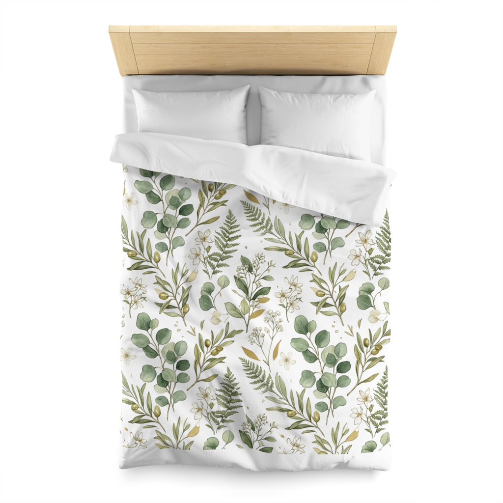 Botanical Eucalyptus Duvet Cover — Green Fern & Floral Microfiber Bedding