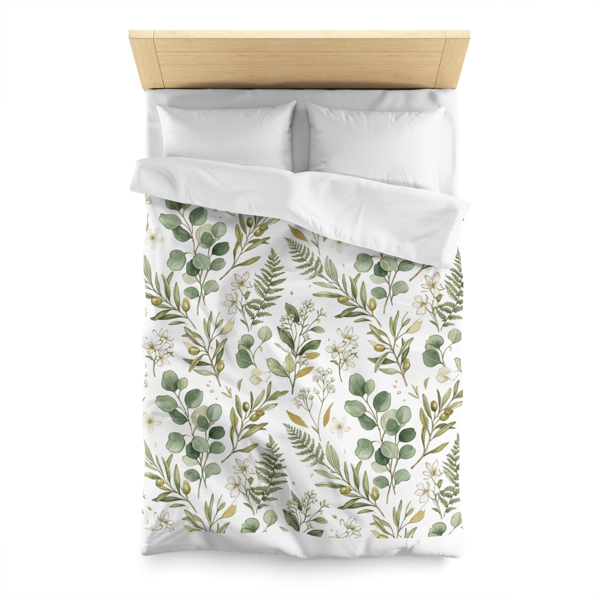 Botanical Eucalyptus Duvet Cover — Green Fern & Floral Microfiber Bedding