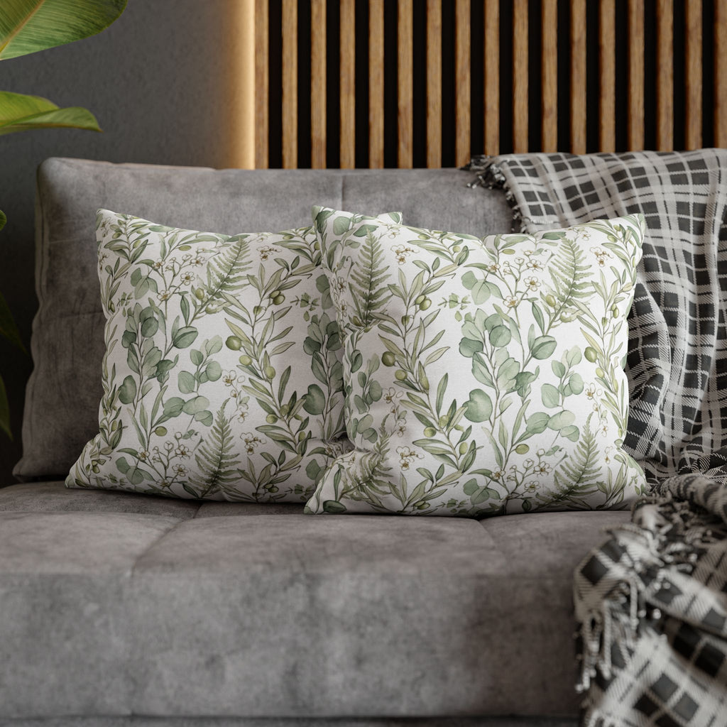 Botanical Greenery Square Pillowcase — Watercolour Eucalyptus & Fern Throw Pillow Cover