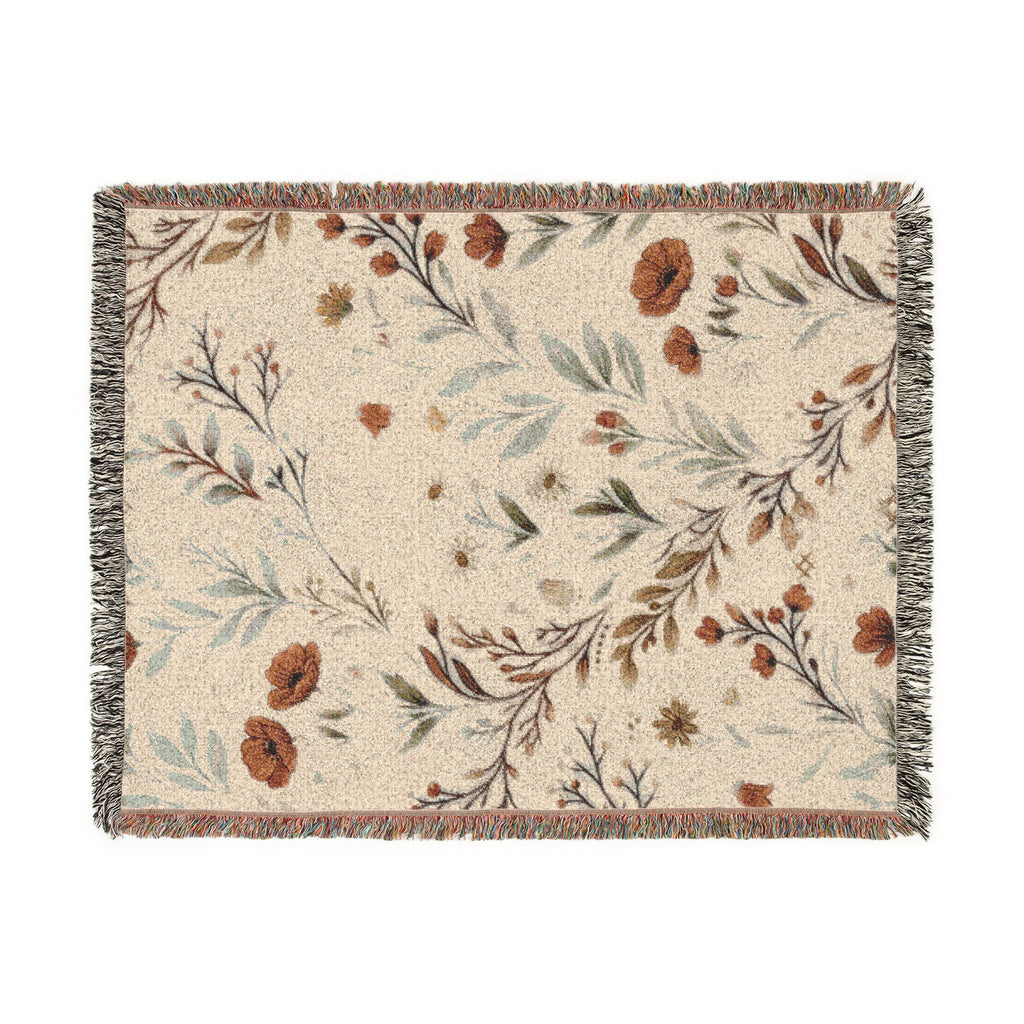 Floral Woven Blanket — Vintage Botanical Throw with Fringe