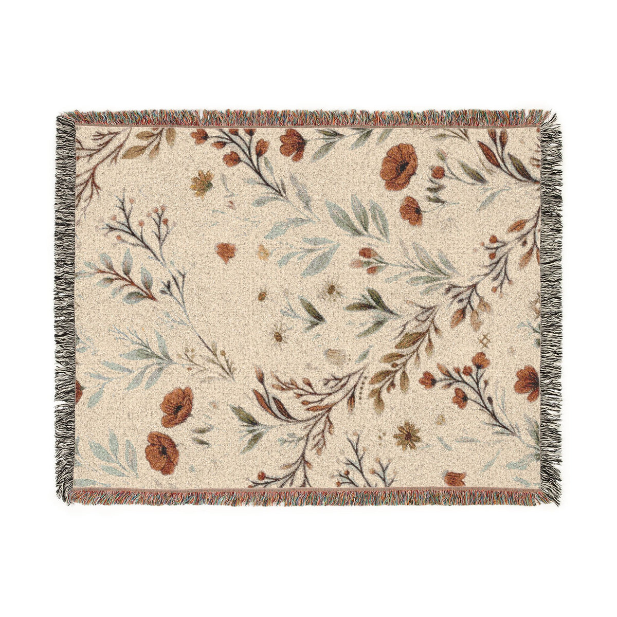 Floral Woven Blanket — Vintage Botanical Throw with Fringe
