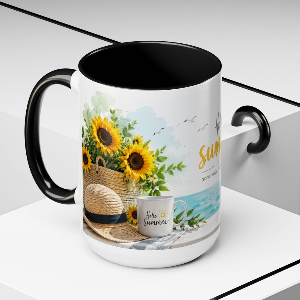 Hello Summer Accent Coffee Mug — Beach Vibes Lemon Palm Coastal Ceramic Mug (11/15oz)