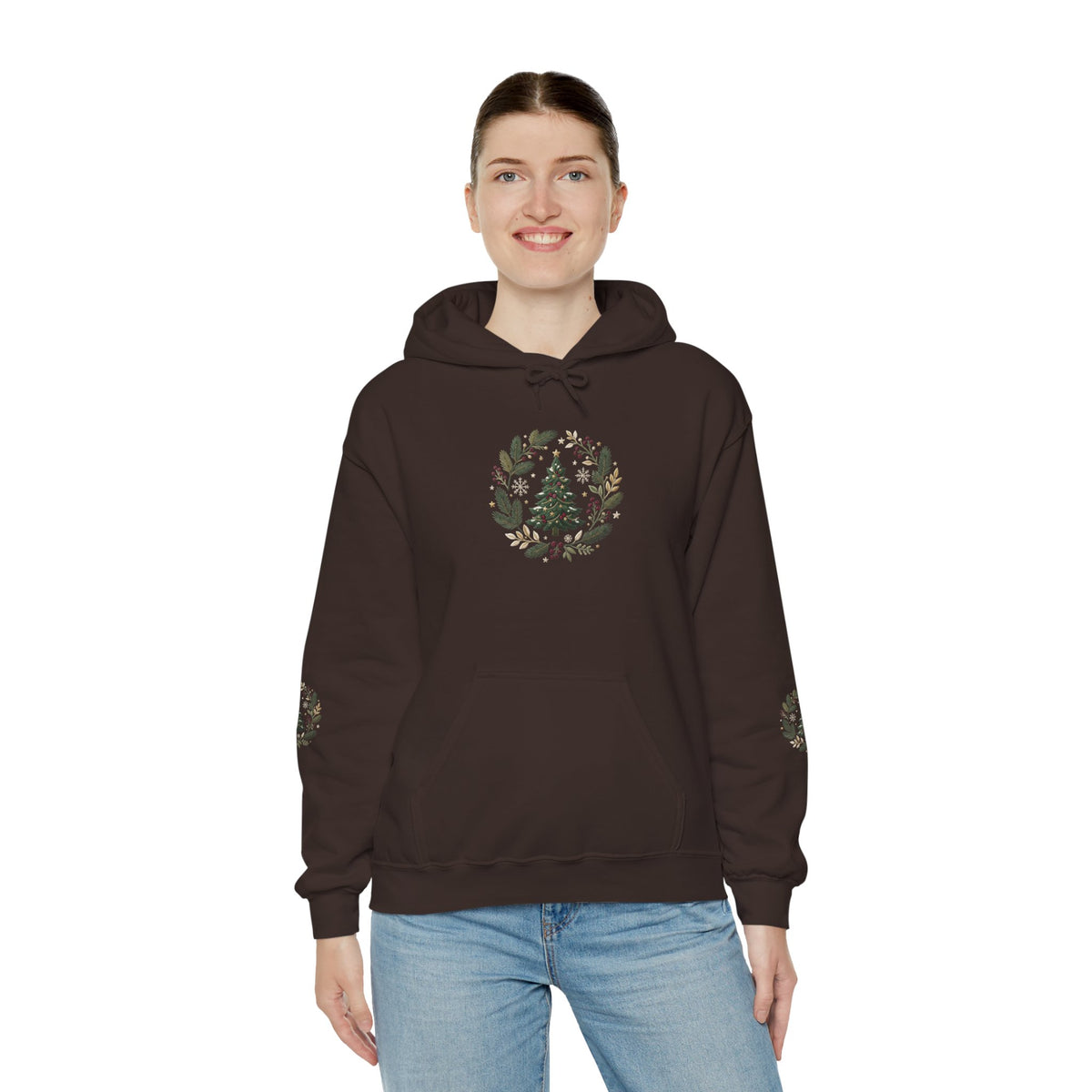 Christmas Tree Wreath Hoodie — Festive Botanical Sweatshirt, 50/50 Cotton-Poly, Unisex