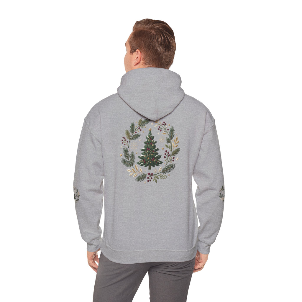 Christmas Tree Wreath Hoodie — Festive Botanical Sweatshirt, 50/50 Cotton-Poly, Unisex