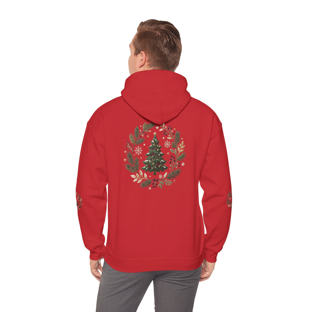 Christmas Tree Wreath Hoodie — Festive Botanical Sweatshirt, 50/50 Cotton-Poly, Unisex