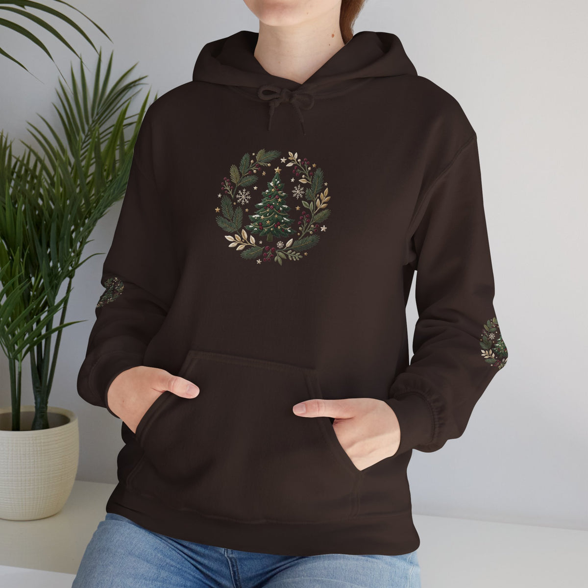 Christmas Tree Wreath Hoodie — Festive Botanical Sweatshirt, 50/50 Cotton-Poly, Unisex