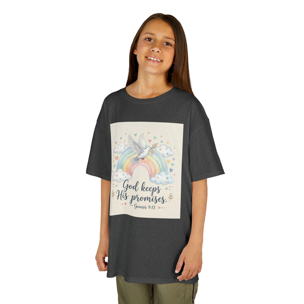 Christian Kids T-Shirt — "God Keeps His Promises" Rainbow Dove Tee | Psalm 145:13