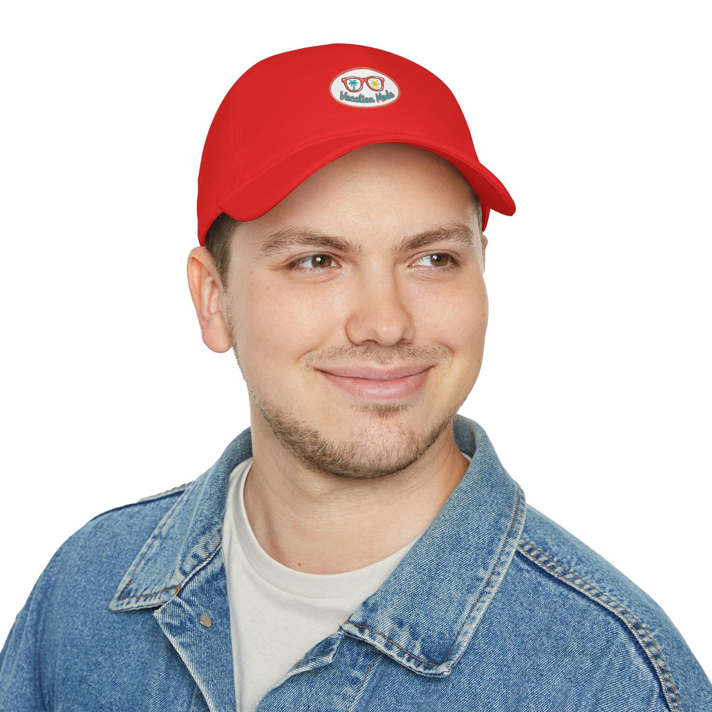 Red 'Vacation Mode' Low Profile Baseball Cap — Sunglasses Patch Dad Hat