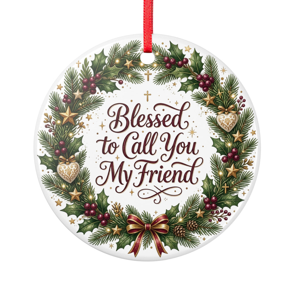Ceramic Christmas Ornament — Blessed Friend Wreath Holiday Decoration, Double-Sided Matte White