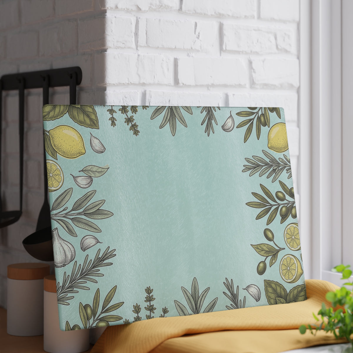 Herb & Lemon Glass Cutting Board — Decorative Kitchen Chopping Board
