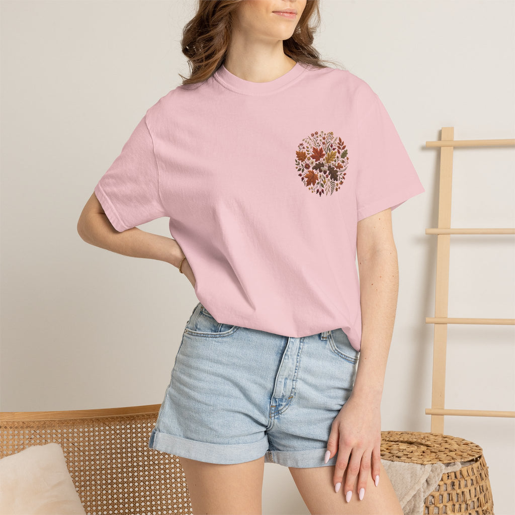 T-Shirt — Autumn Floral Wreath Tee (Fall Leaves Chest & Back Print)