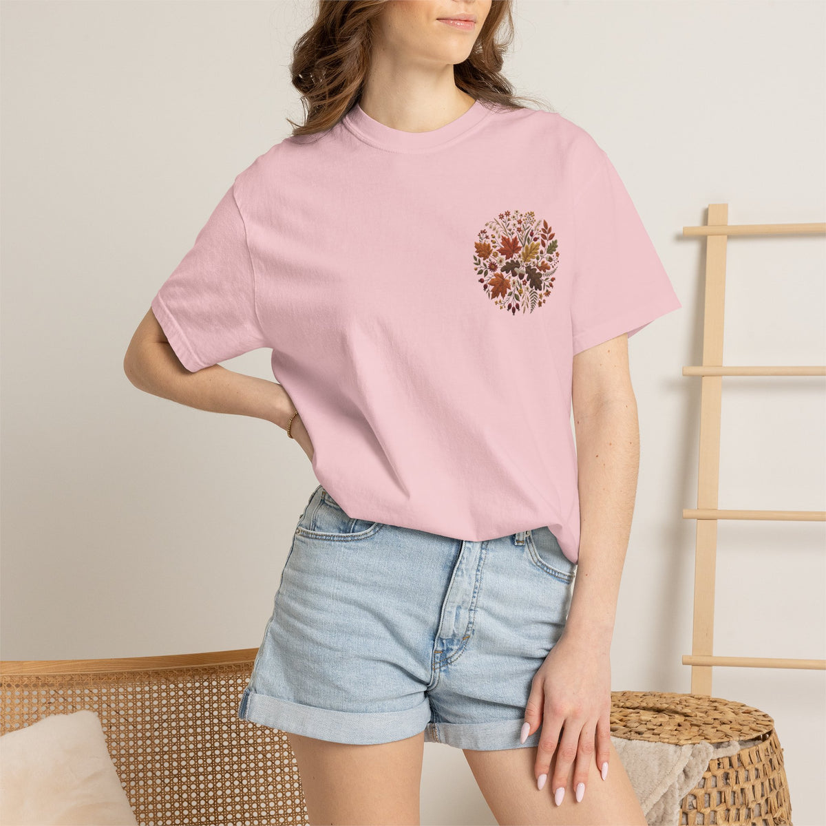 T-Shirt — Autumn Floral Wreath Tee (Fall Leaves Chest & Back Print)