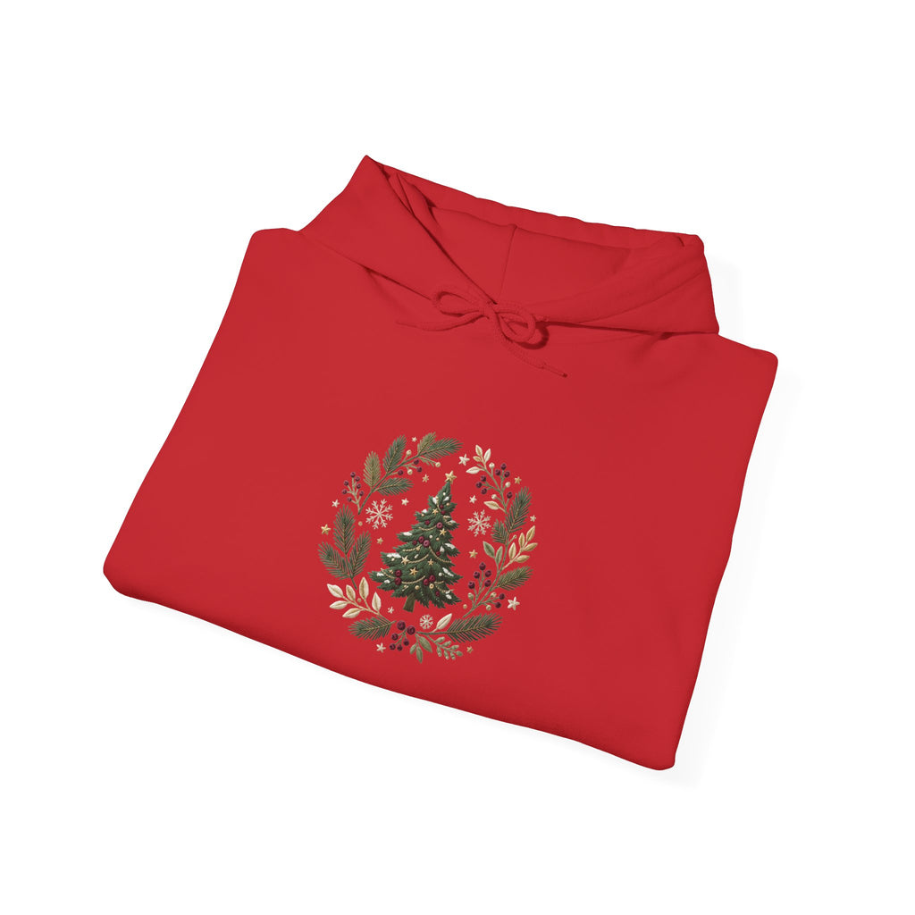 Christmas Tree Wreath Hoodie — Festive Botanical Sweatshirt, 50/50 Cotton-Poly, Unisex
