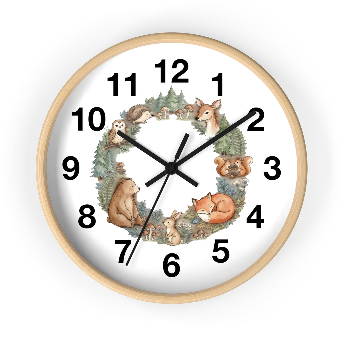 Woodland Animals Wreath Wall Clock — Cute Forest Nursery Clock
