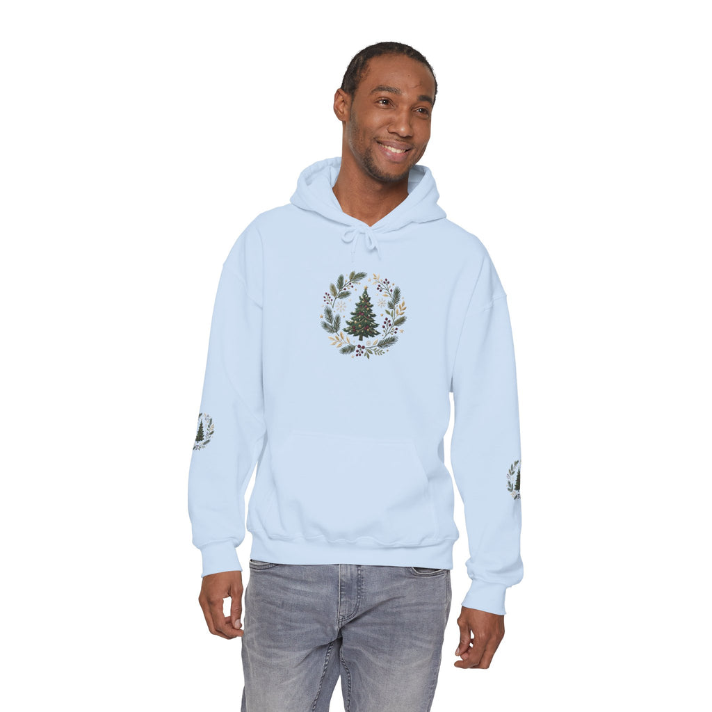 Christmas Tree Wreath Hoodie — Festive Botanical Sweatshirt, 50/50 Cotton-Poly, Unisex