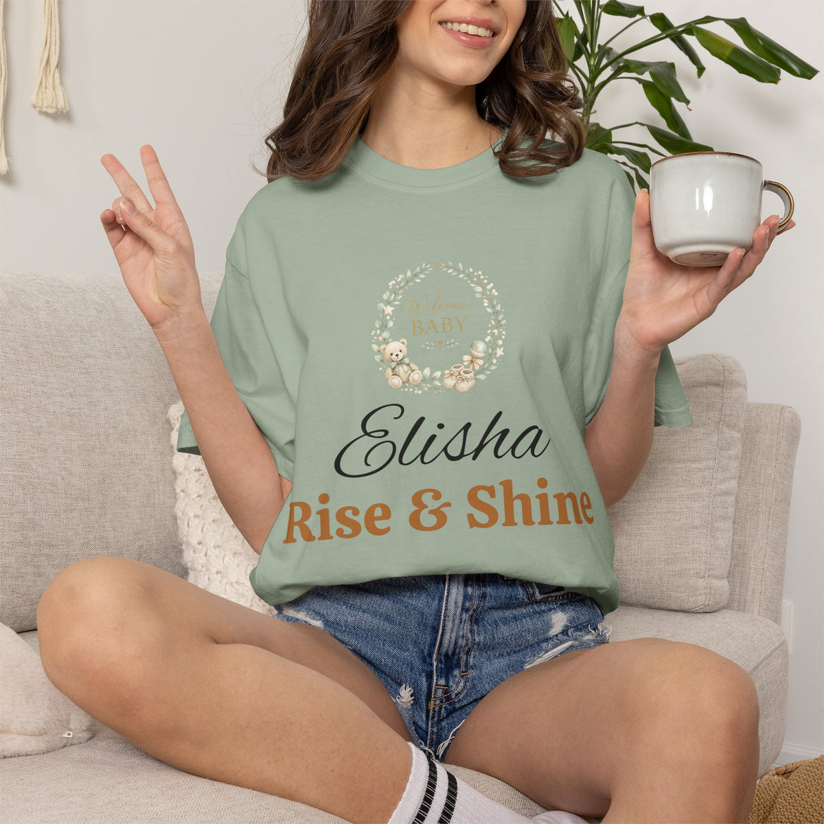 Personalized 'Rise & Shine' T-Shirt — Custom Name Floral Monogram Tee