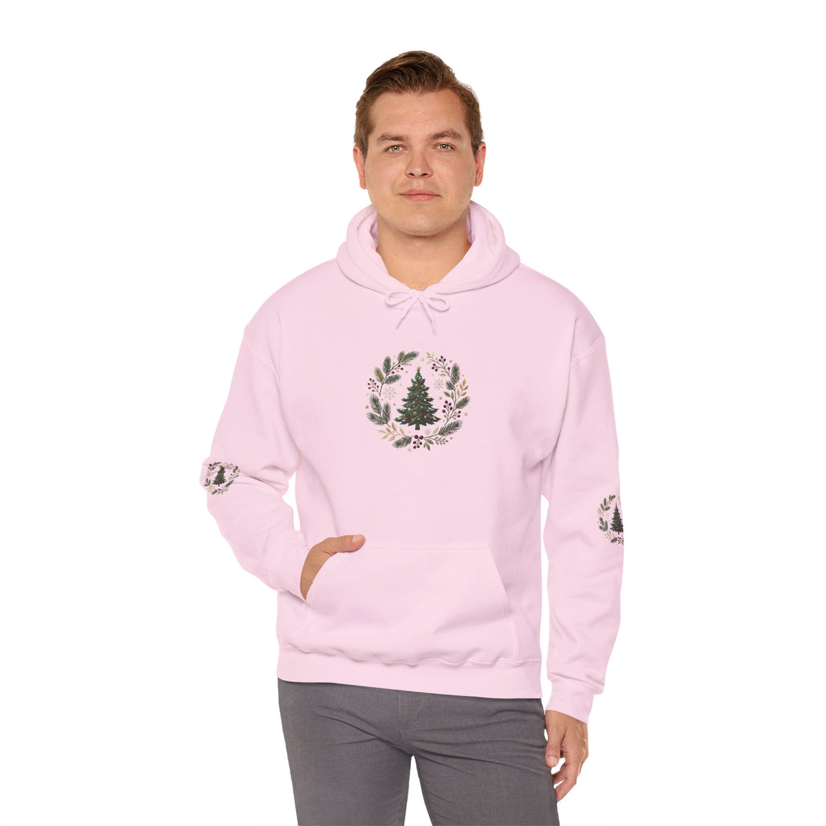 Christmas Tree Wreath Hoodie — Festive Botanical Sweatshirt, 50/50 Cotton-Poly, Unisex