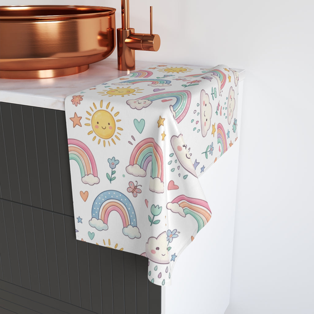 Cute Pastel Rainbows Hand Towel — Sun, Clouds & Hearts Kids Bath Accent