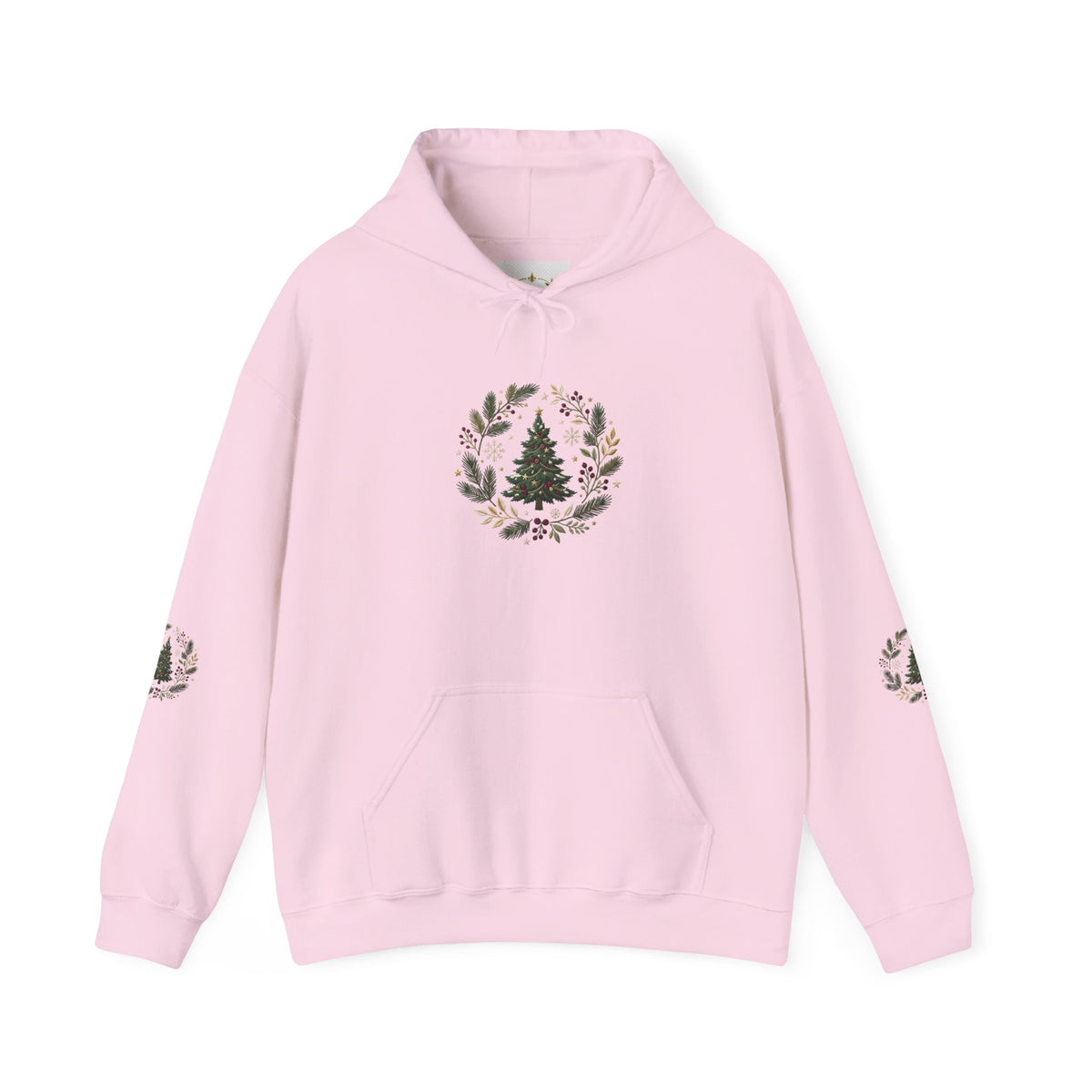 Christmas Tree Wreath Hoodie — Festive Botanical Sweatshirt, 50/50 Cotton-Poly, Unisex