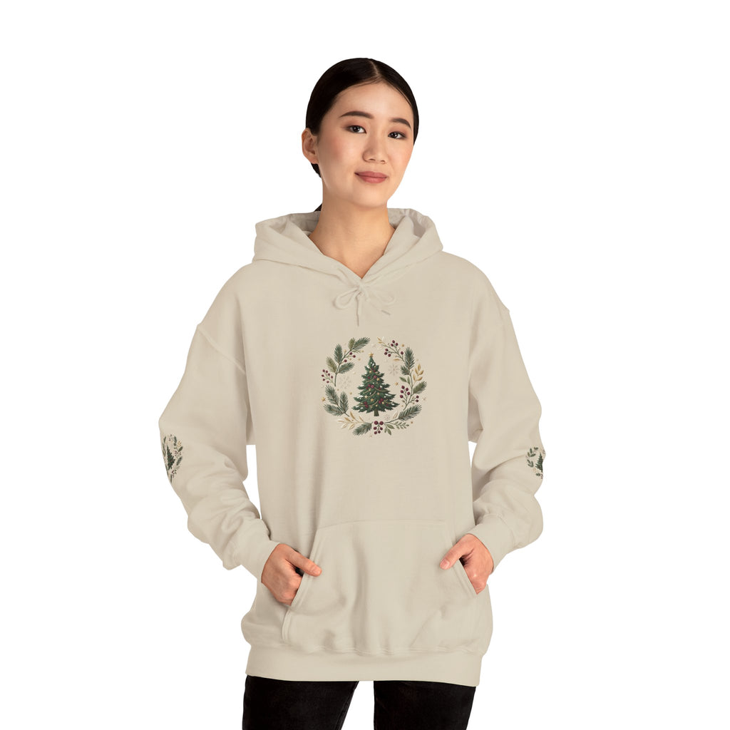 Christmas Tree Wreath Hoodie — Festive Botanical Sweatshirt, 50/50 Cotton-Poly, Unisex