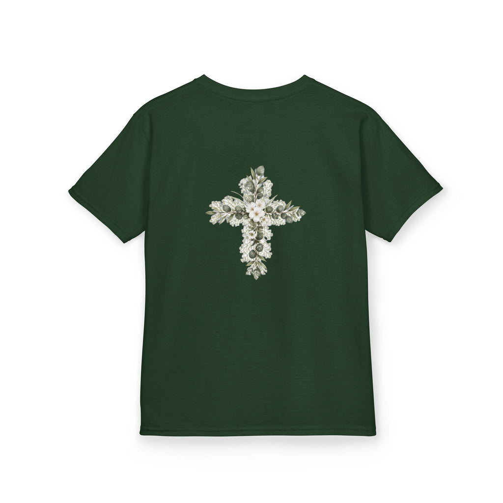 Kids Tee — Floral Cross “Faith” Christian Shirt for Children (Easter, Baptism, Church)