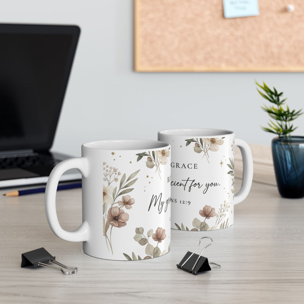 Rooted in Grace Ceramic Mug — 2 Corinthians 12:9 Floral Scripture Coffee Cup