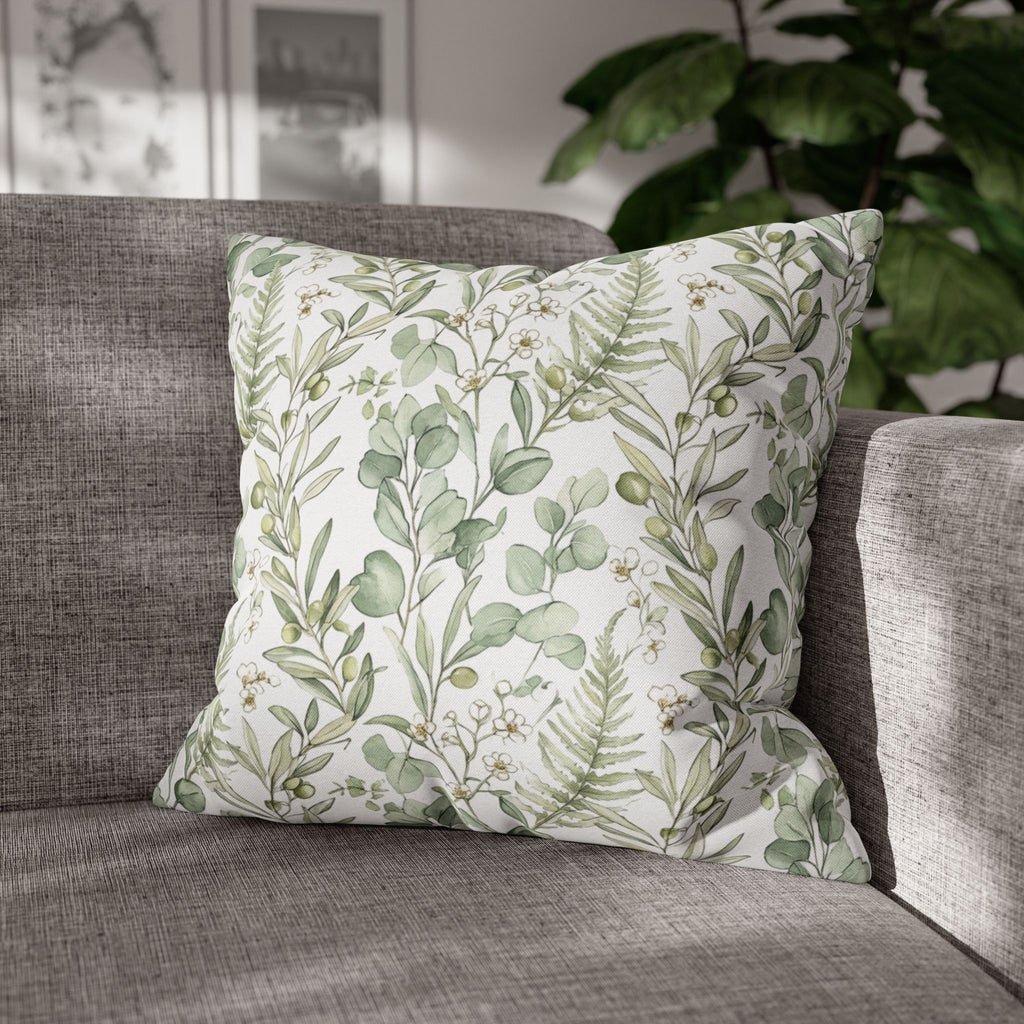 Botanical Greenery Square Pillowcase — Watercolour Eucalyptus & Fern Throw Pillow Cover