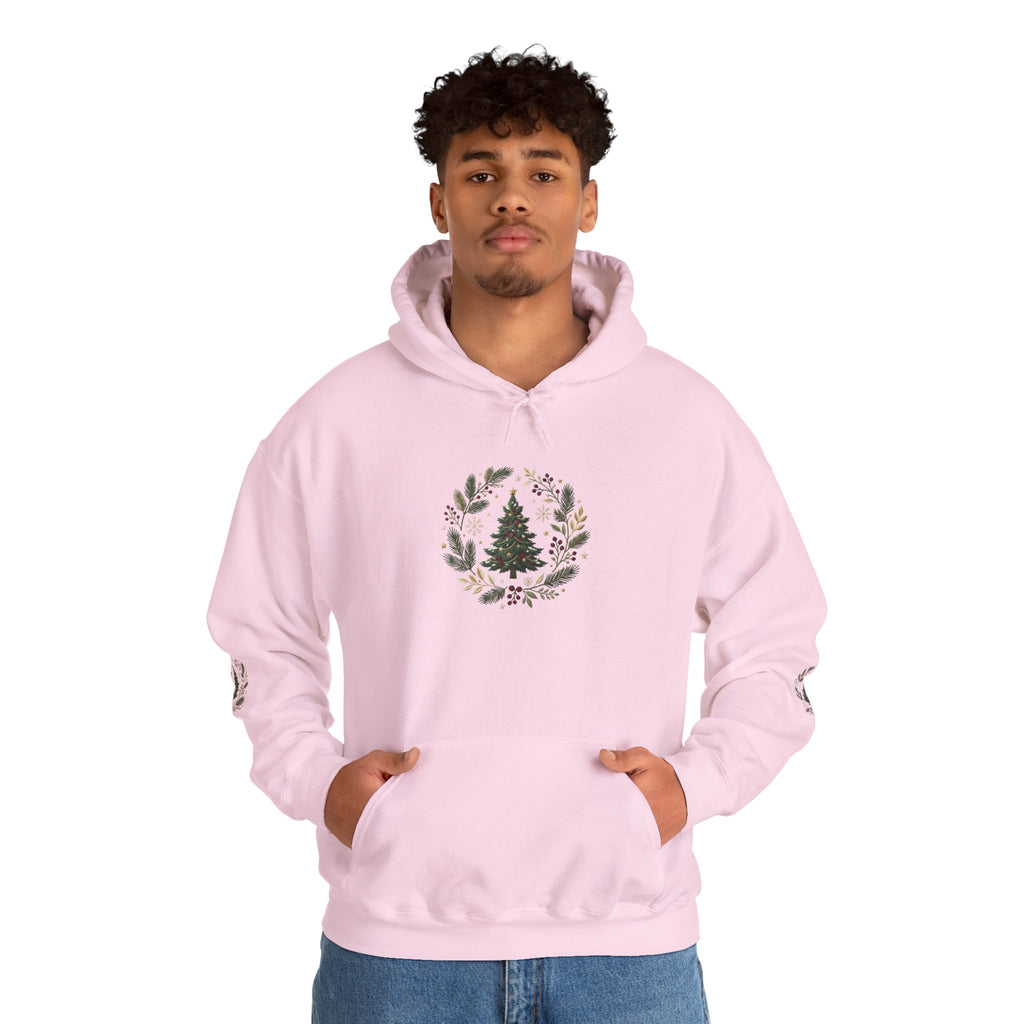 Christmas Tree Wreath Hoodie — Festive Botanical Sweatshirt, 50/50 Cotton-Poly, Unisex