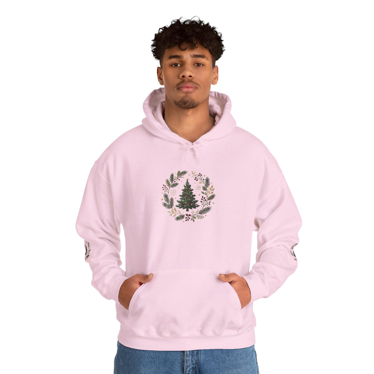 Christmas Tree Wreath Hoodie — Festive Botanical Sweatshirt, 50/50 Cotton-Poly, Unisex