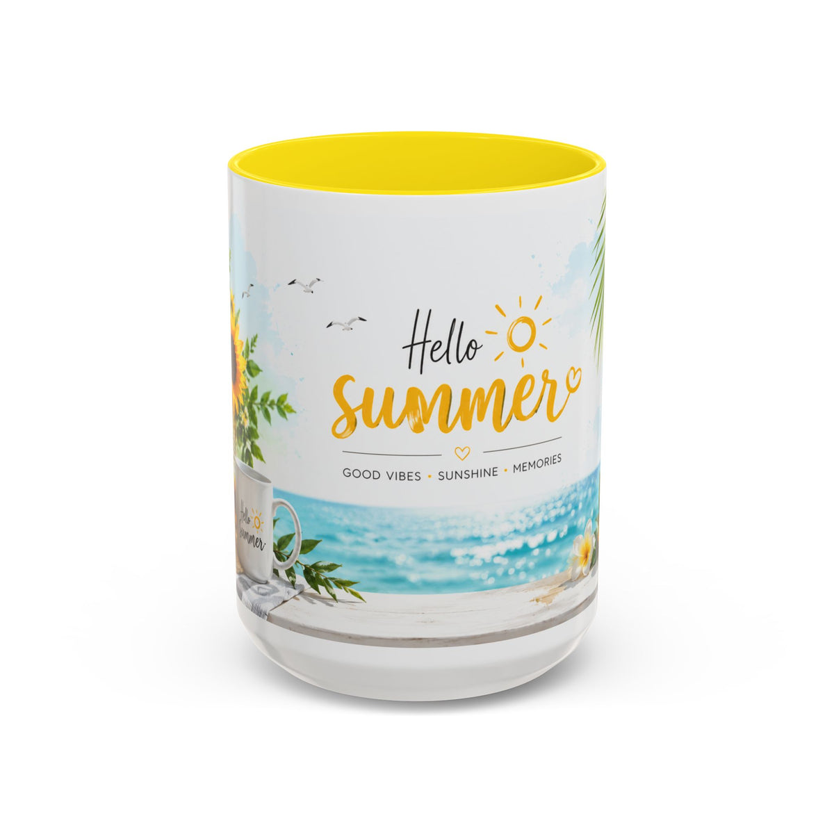 Hello Summer Accent Coffee Mug — Beach Vibes Lemon Palm Coastal Ceramic Mug (11/15oz)