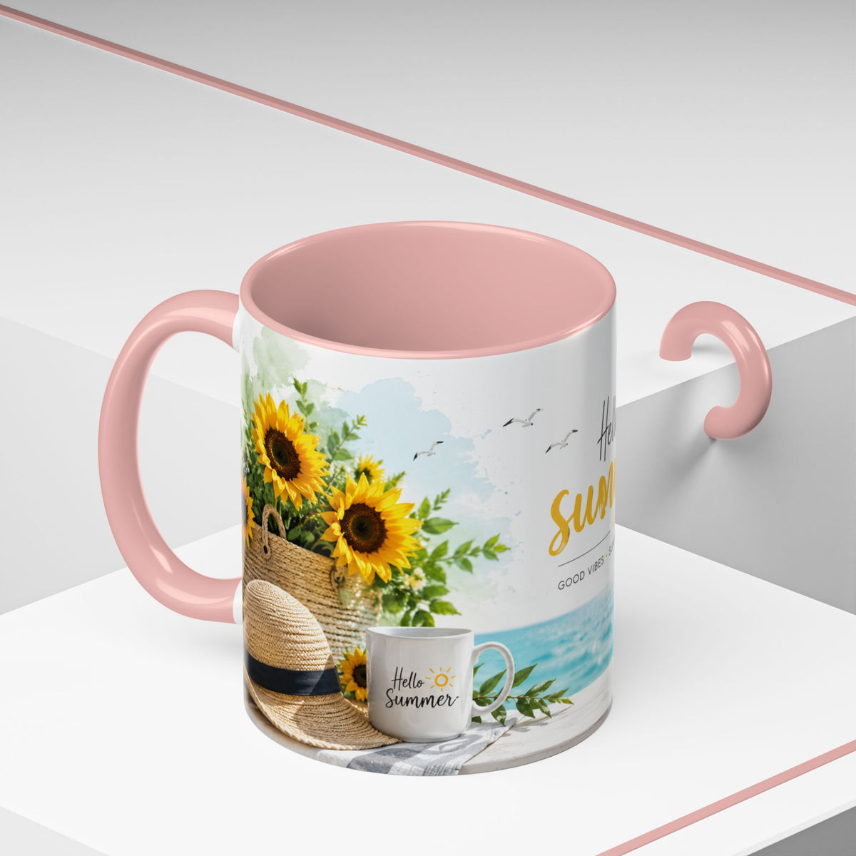 Hello Summer Accent Coffee Mug — Beach Vibes Lemon Palm Coastal Ceramic Mug (11/15oz)