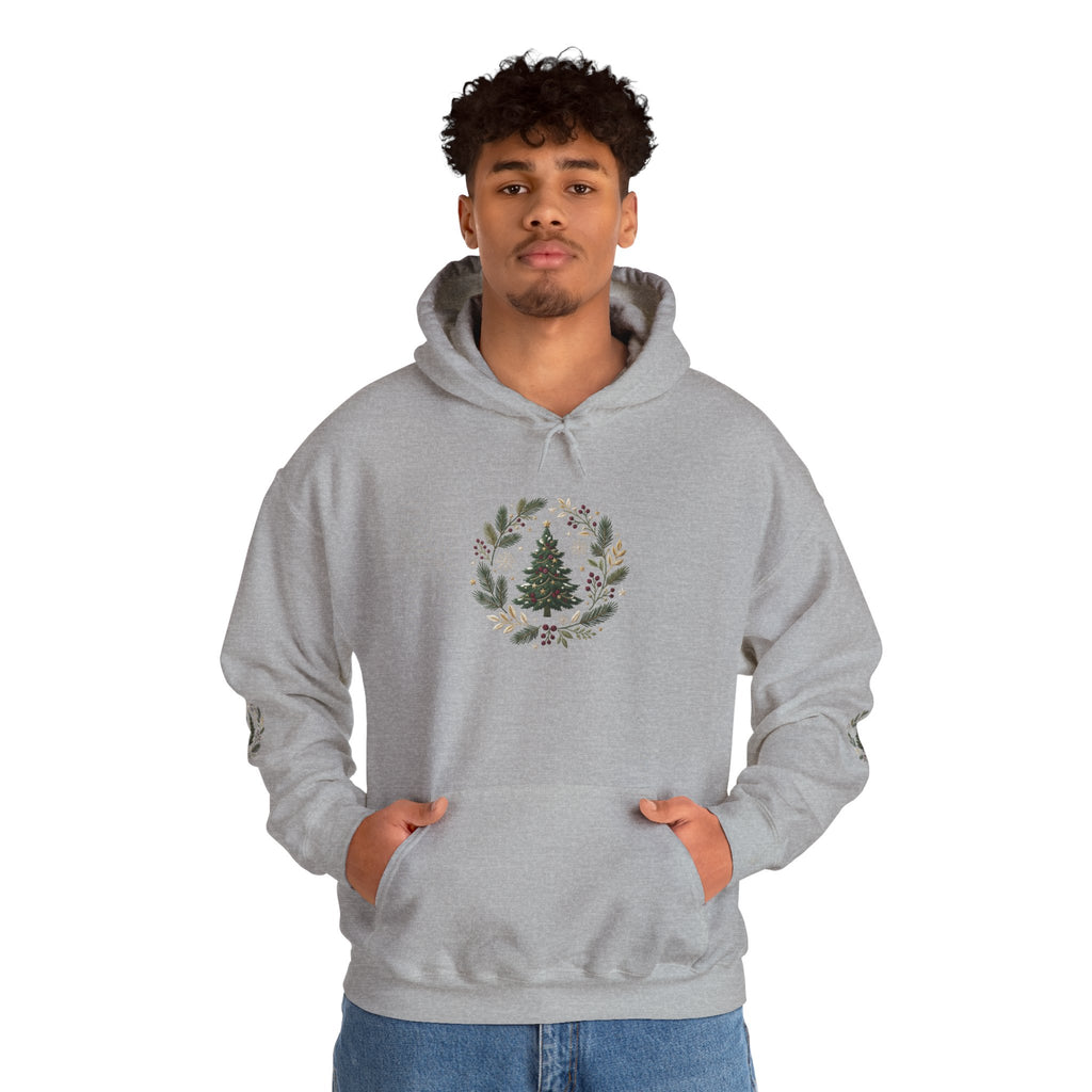 Christmas Tree Wreath Hoodie — Festive Botanical Sweatshirt, 50/50 Cotton-Poly, Unisex