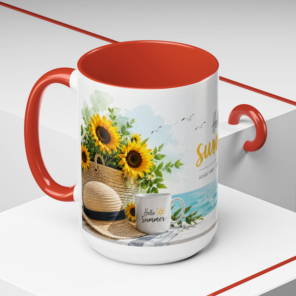 Hello Summer Accent Coffee Mug — Beach Vibes Lemon Palm Coastal Ceramic Mug (11/15oz)