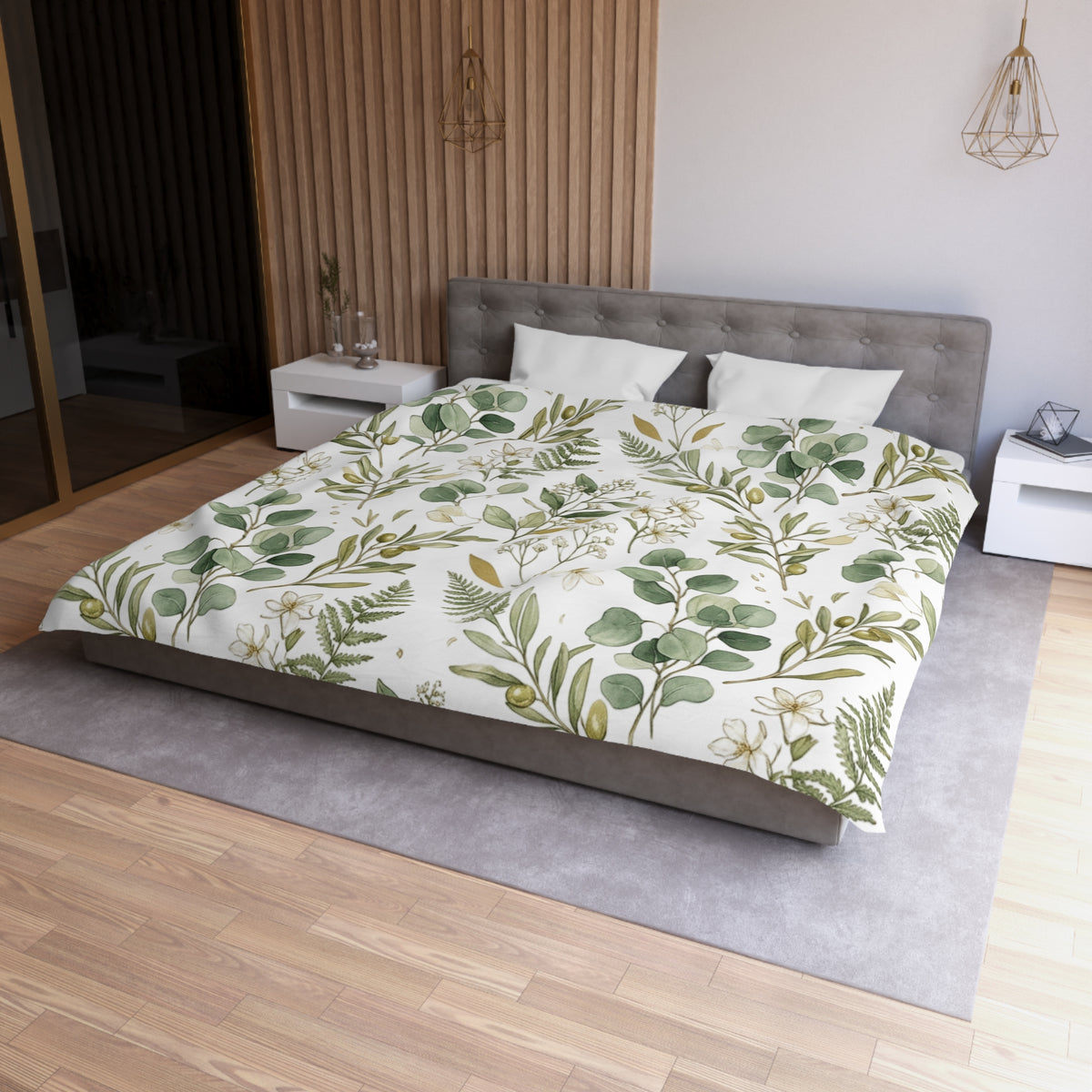 Botanical Eucalyptus Duvet Cover — Green Fern & Floral Microfiber Bedding