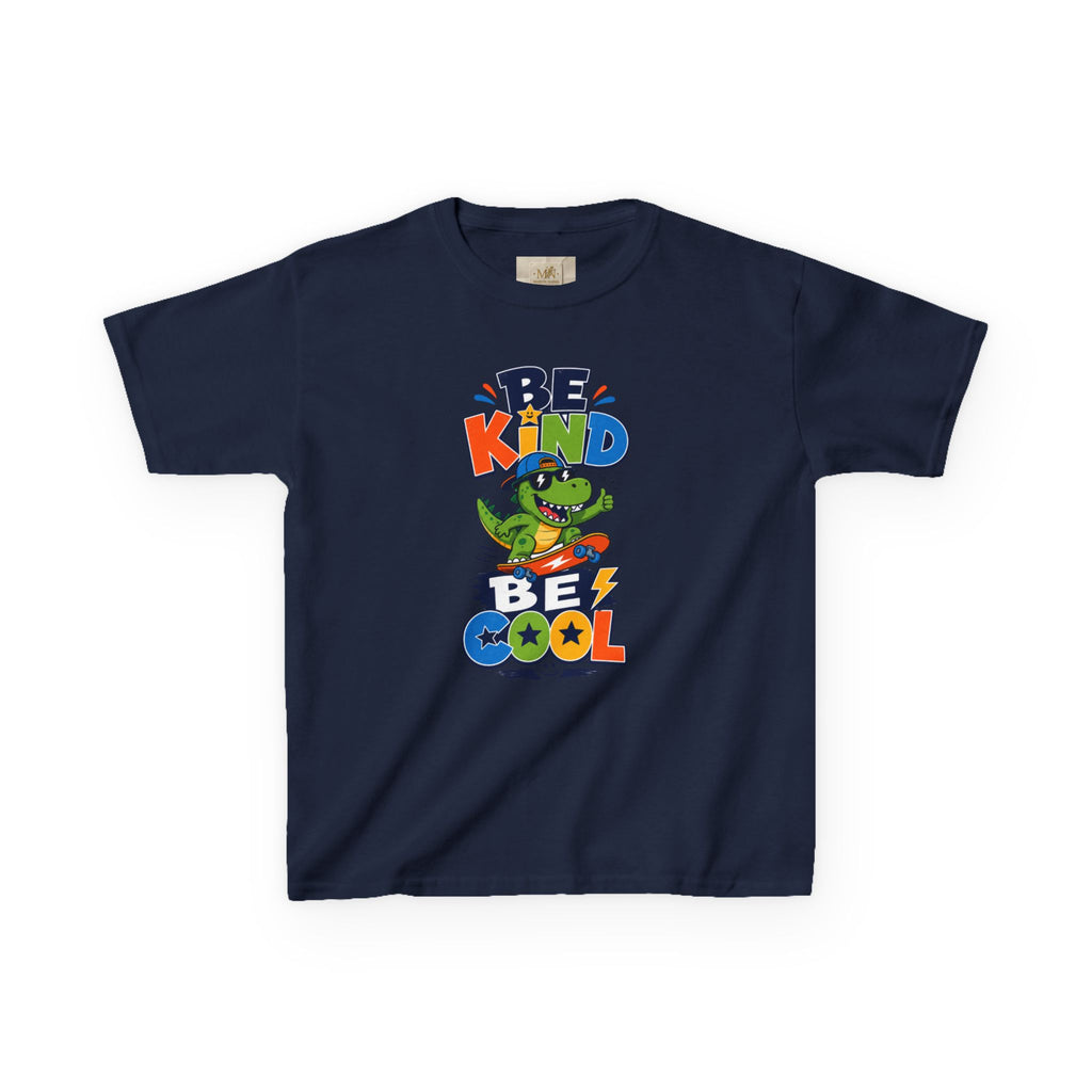 Kids Tee — "Be Kind, Be Cool" Dinosaur Graphic with "Shine Bright" Back