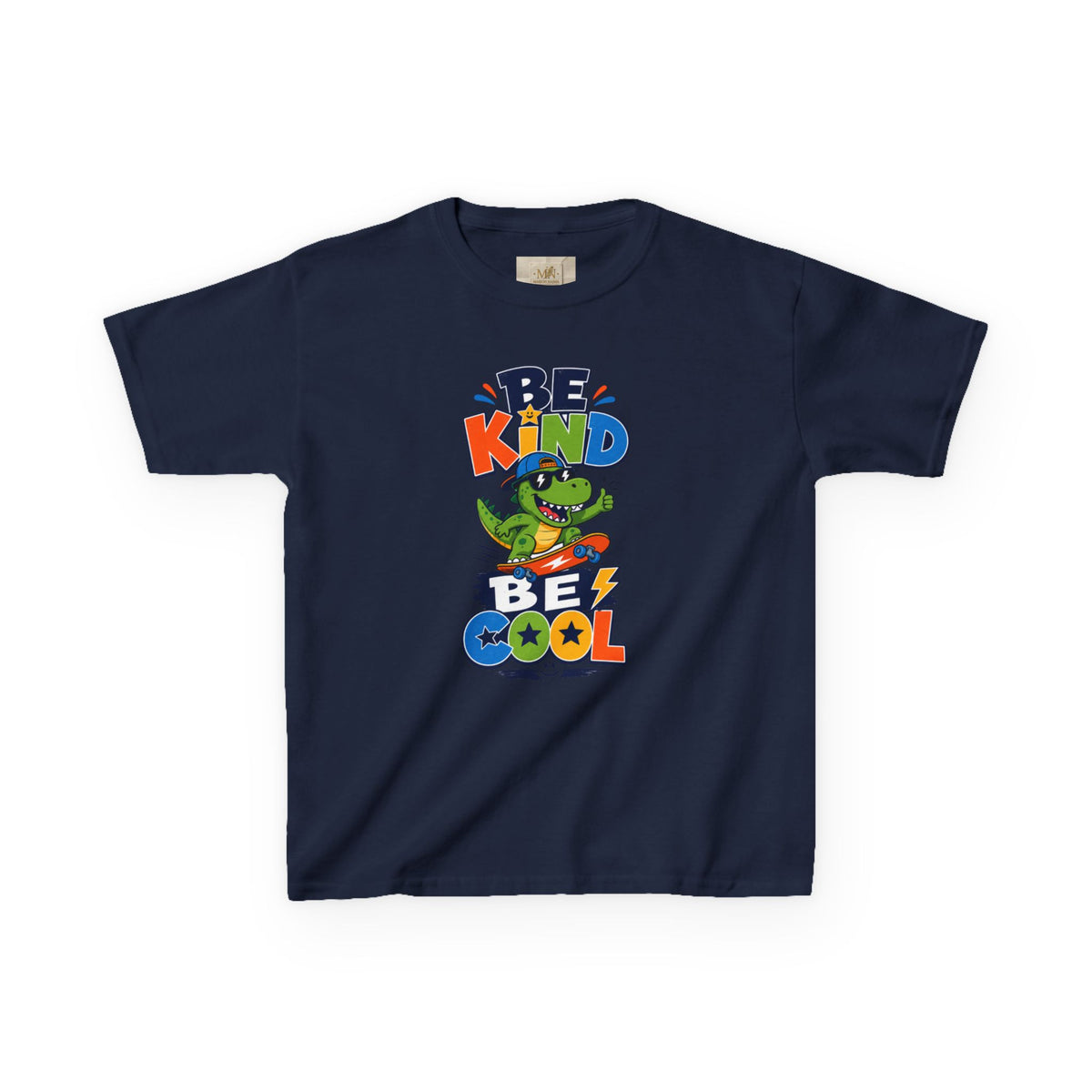 Kids Tee — "Be Kind, Be Cool" Dinosaur Graphic with "Shine Bright" Back
