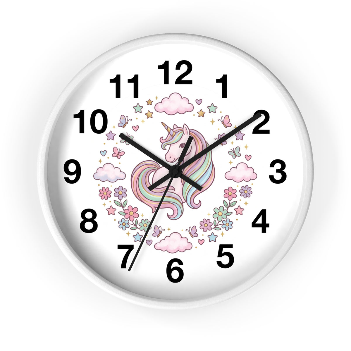 Unicorn Wall Clock — Pastel Rainbow Kids Room Clock with Clouds & Flowers