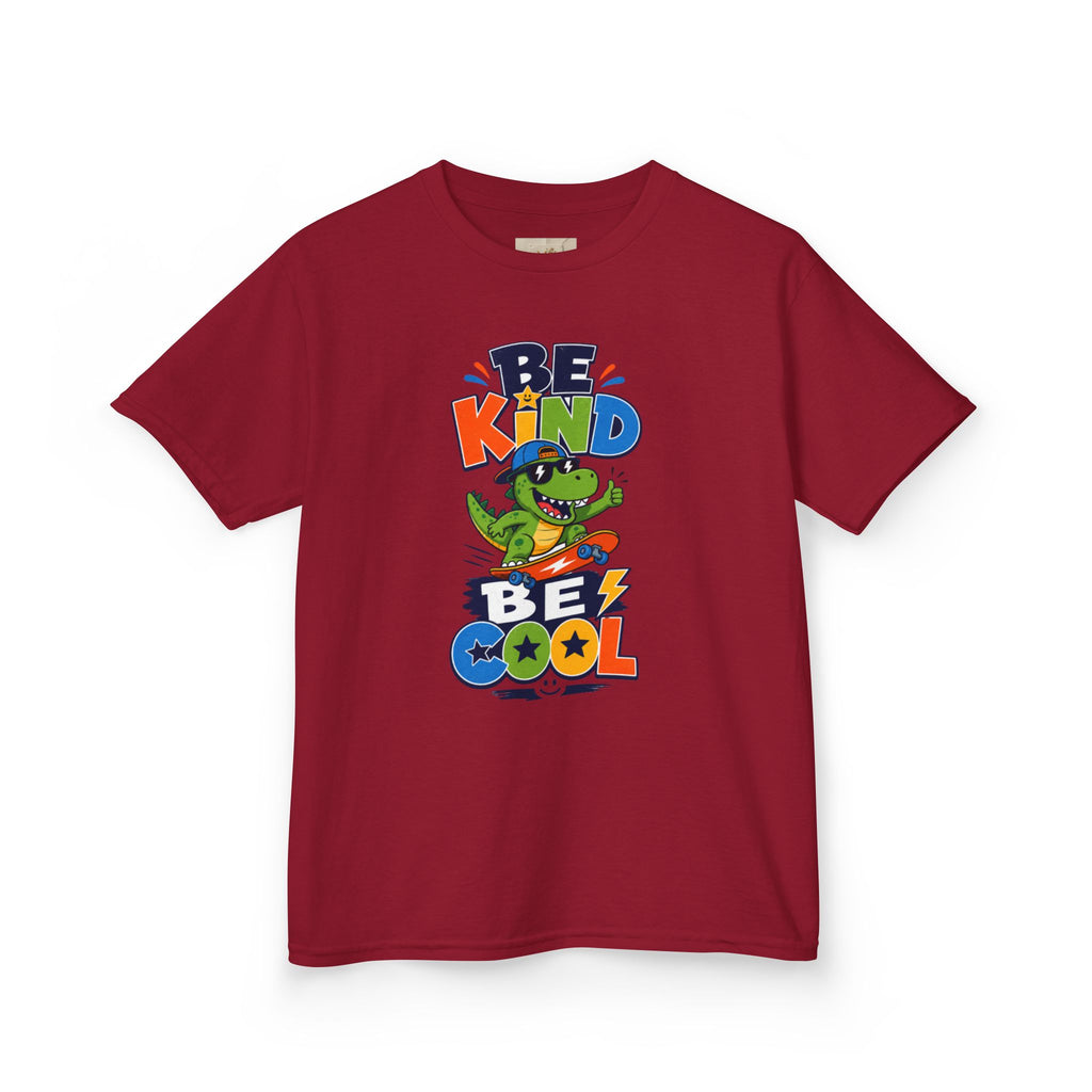 Kids Tee — "Be Kind, Be Cool" Dinosaur Graphic with "Shine Bright" Back