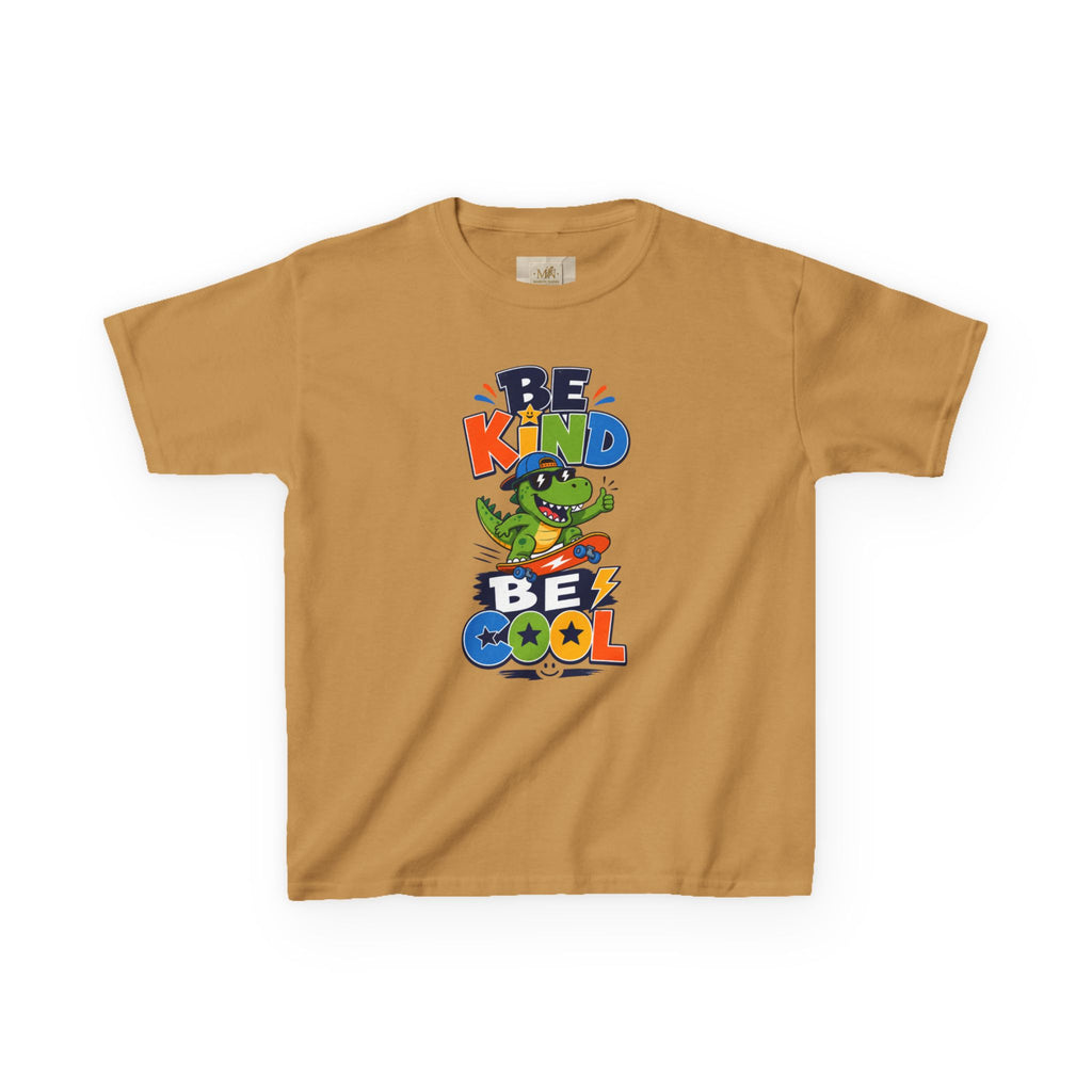 Kids Tee — "Be Kind, Be Cool" Dinosaur Graphic with "Shine Bright" Back