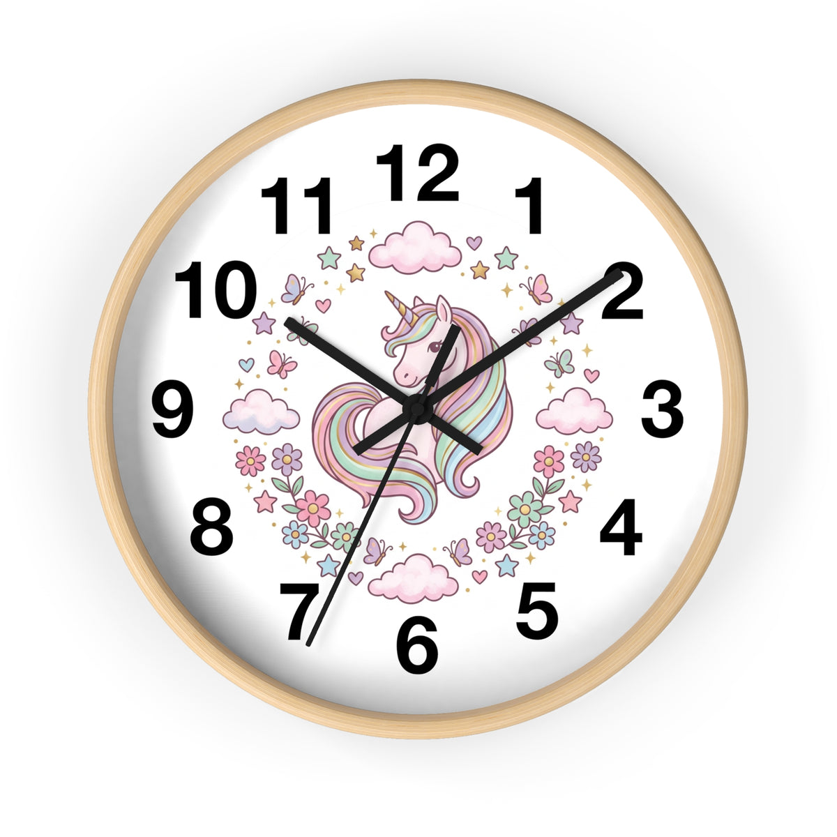 Unicorn Wall Clock — Pastel Rainbow Kids Room Clock with Clouds & Flowers