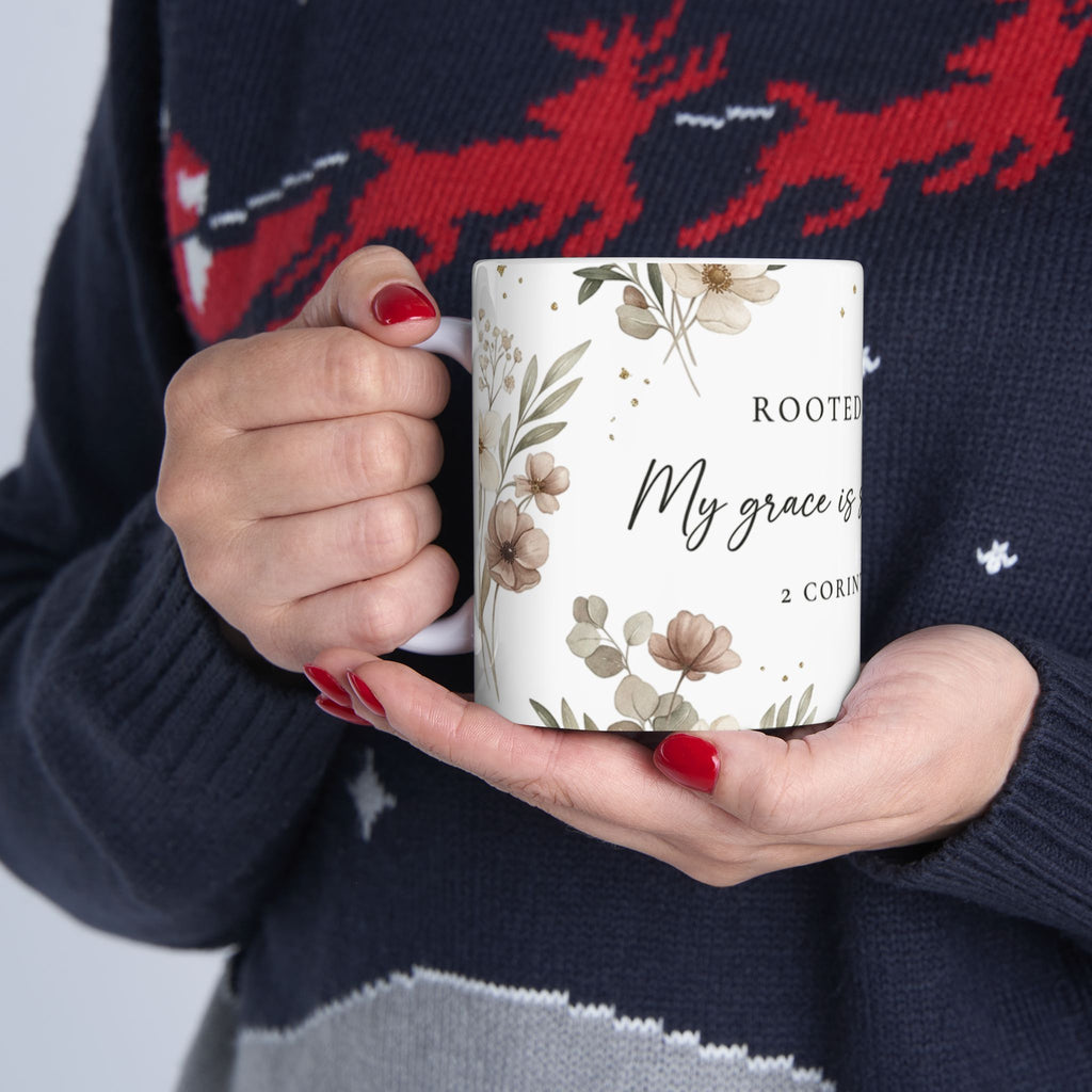 Rooted in Grace Ceramic Mug — 2 Corinthians 12:9 Floral Scripture Coffee Cup
