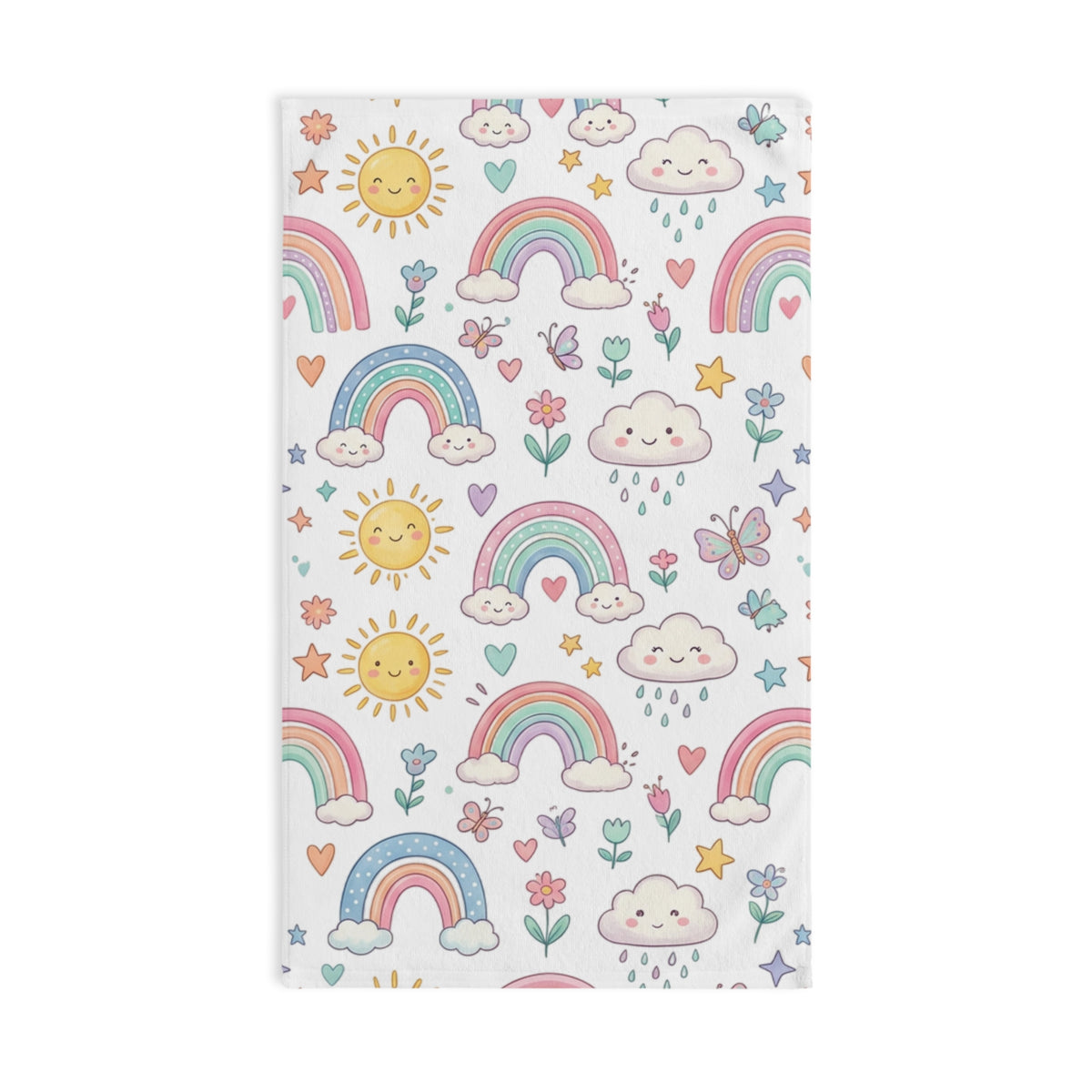 Cute Pastel Rainbows Hand Towel — Sun, Clouds & Hearts Kids Bath Accent