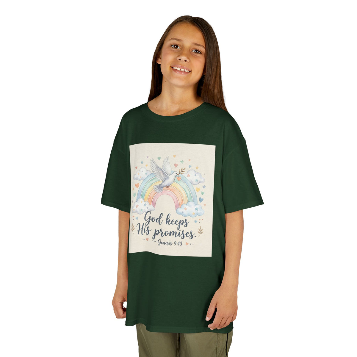 Christian Kids T-Shirt — "God Keeps His Promises" Rainbow Dove Tee | Psalm 145:13