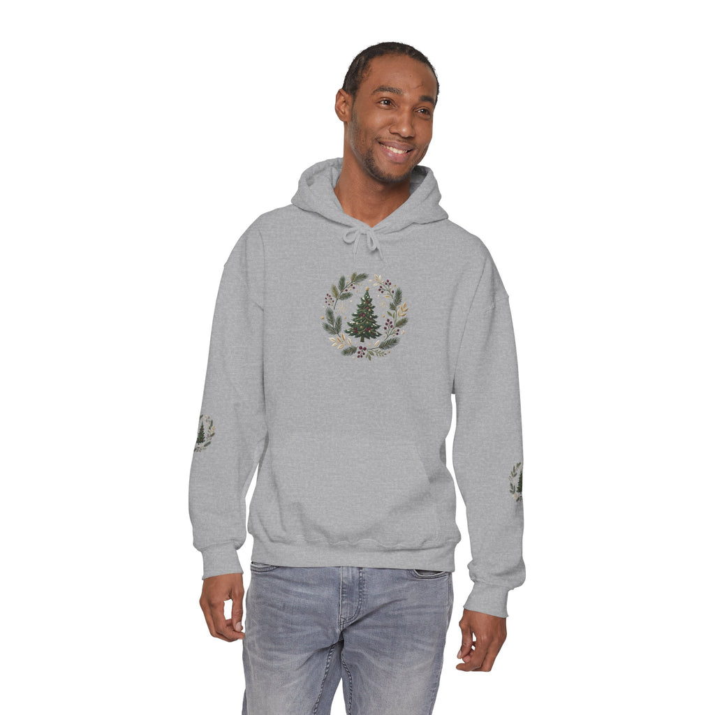 Christmas Tree Wreath Hoodie — Festive Botanical Sweatshirt, 50/50 Cotton-Poly, Unisex