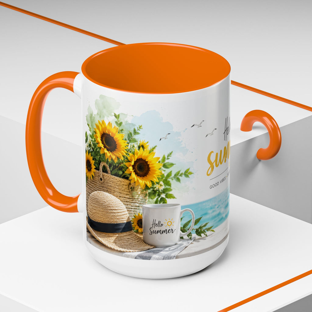 Hello Summer Accent Coffee Mug — Beach Vibes Lemon Palm Coastal Ceramic Mug (11/15oz)